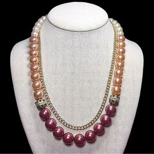 Multi Color Faux Pearl Rhinestone Double Layer Gold Tone Necklace NWOT